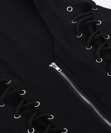 Gothic Lace-Up Zip Vest | Edgy Black Alt-Fashion Top for Fall & Halloween