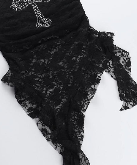 Gothic Glam: Rhinestone Cross Lace Tube Top - Spooky Chic for Halloween & Fall Nights