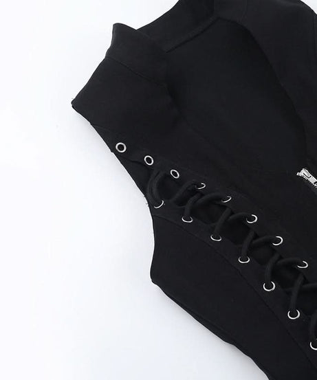 Gothic Lace-Up Zip Vest | Edgy Black Alt-Fashion Top for Fall & Halloween