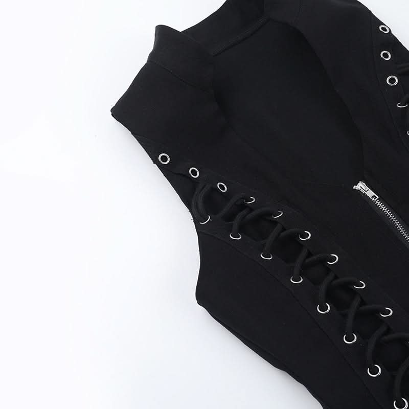 Gothic Lace-Up Zip Vest | Edgy Black Alt-Fashion Top for Fall & Halloween