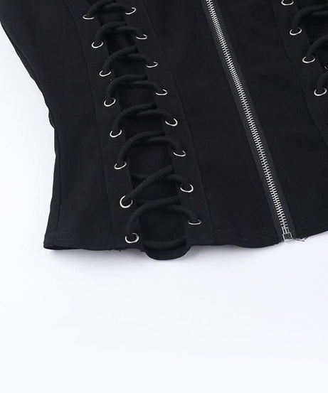 Gothic Lace-Up Zip Vest | Edgy Black Alt-Fashion Top for Fall & Halloween