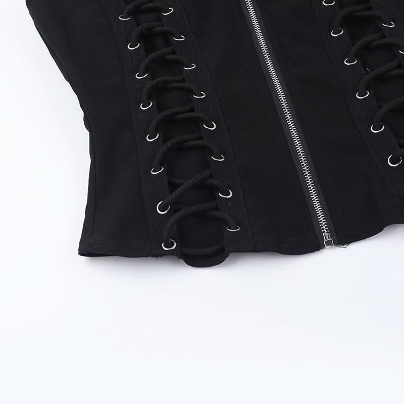 Gothic Lace-Up Zip Vest | Edgy Black Alt-Fashion Top for Fall & Halloween