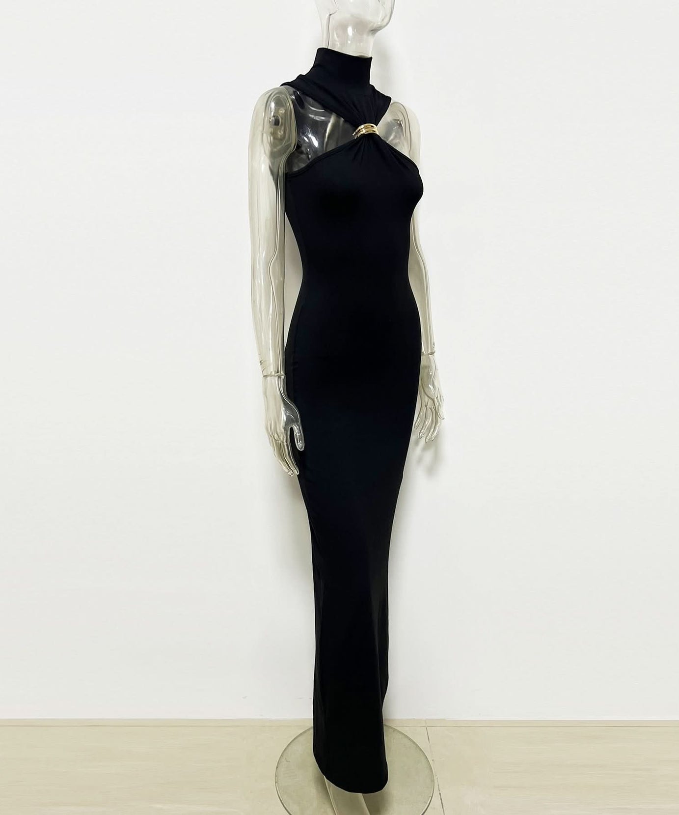 Sleek Black High-Neck Maxi Dress with Architectural Gold Accent | Holiday & Evening Elegance