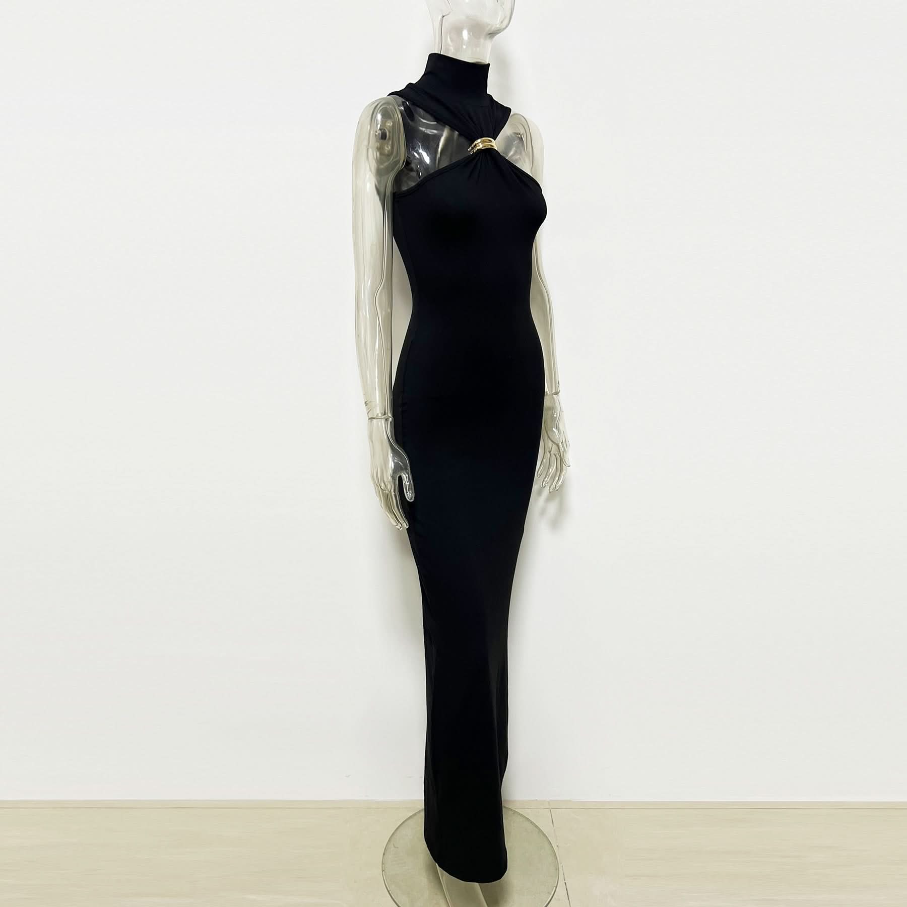 Sleek Black High-Neck Maxi Dress with Architectural Gold Accent | Holiday & Evening Elegance