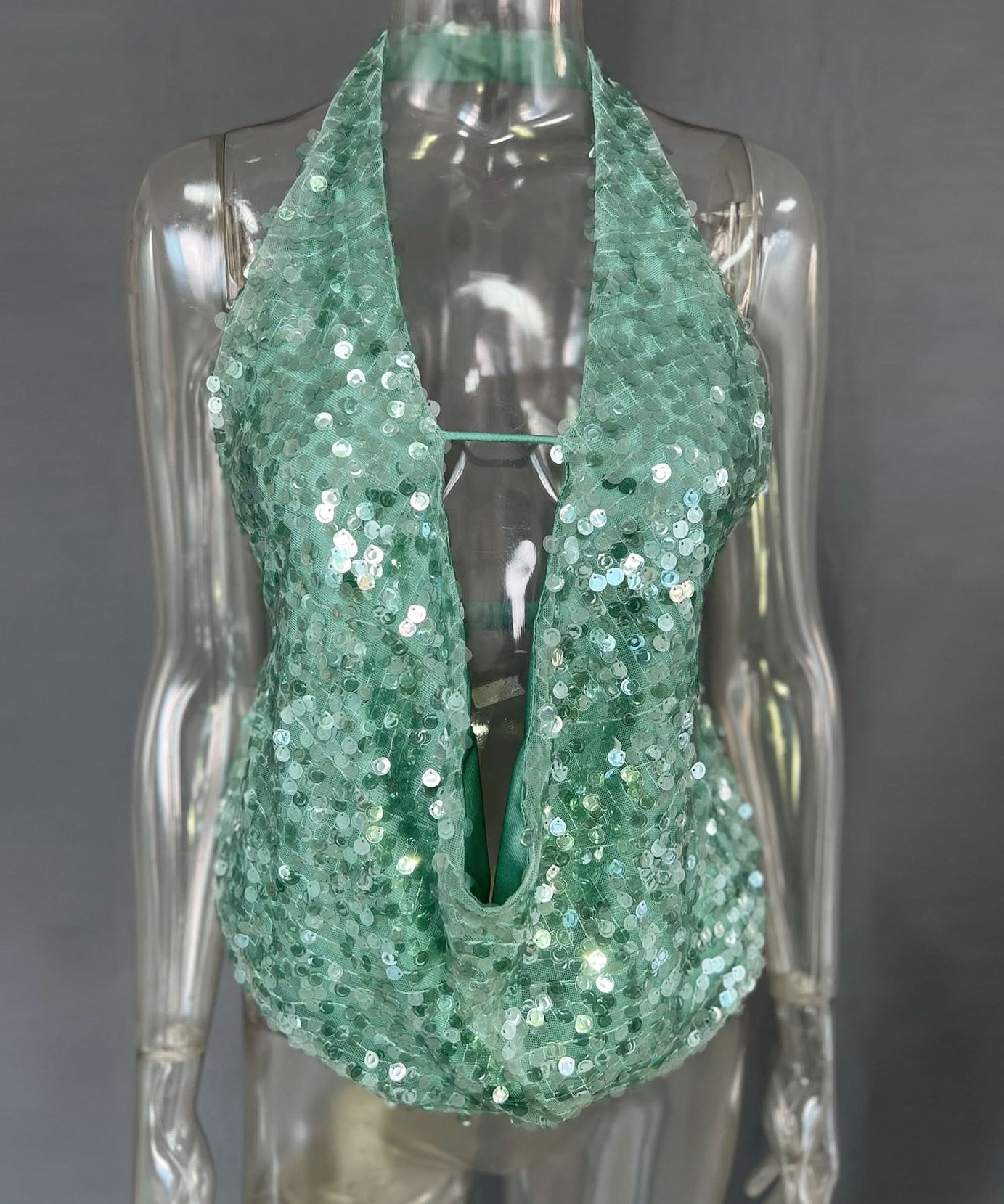 Sparkling Mint Green Sequin Halter Plunge Top - Dazzle This Holiday Season