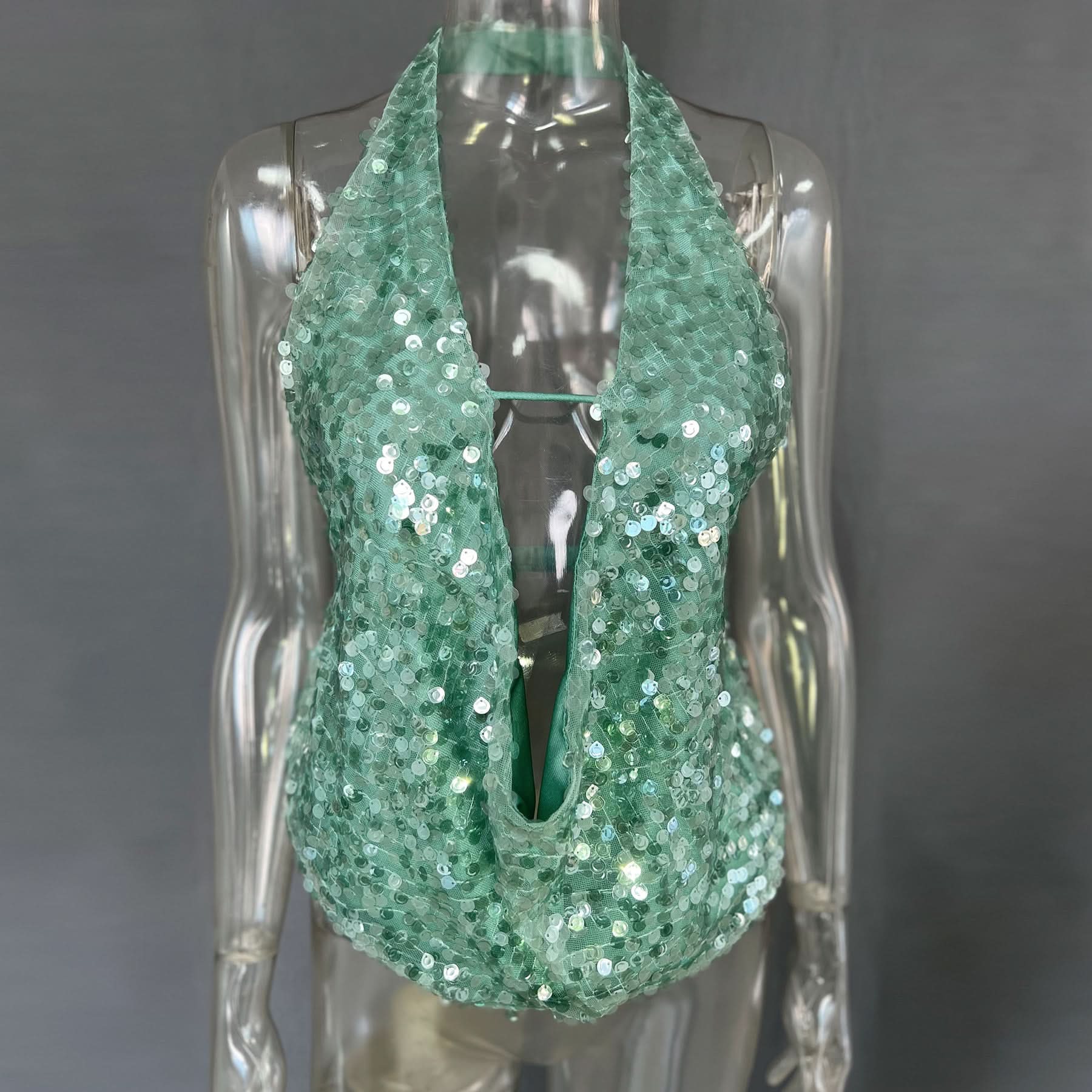 Sparkling Mint Green Sequin Halter Plunge Top - Dazzle This Holiday Season