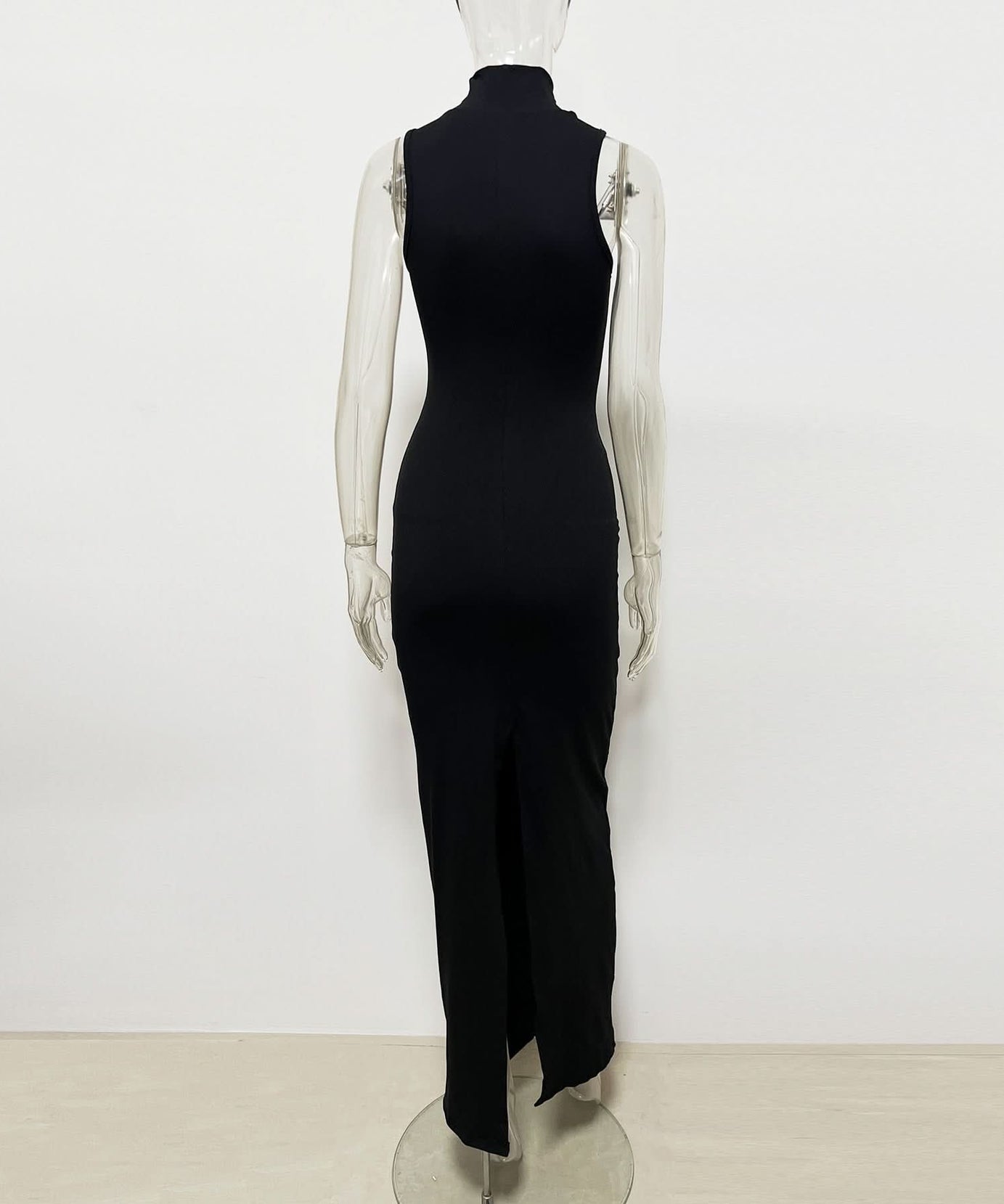 Sleek Black High-Neck Maxi Dress with Architectural Gold Accent | Holiday & Evening Elegance