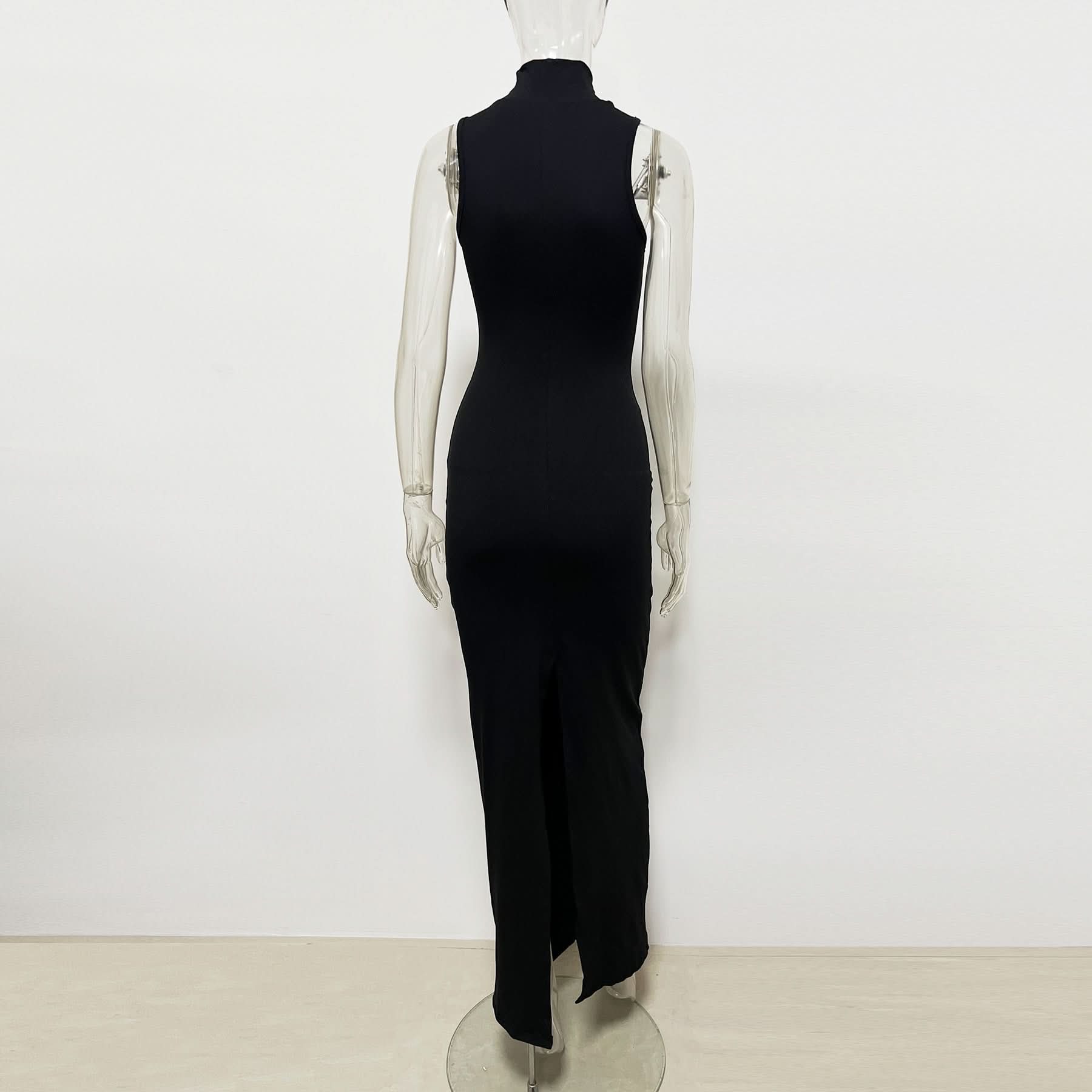 Sleek Black High-Neck Maxi Dress with Architectural Gold Accent | Holiday & Evening Elegance