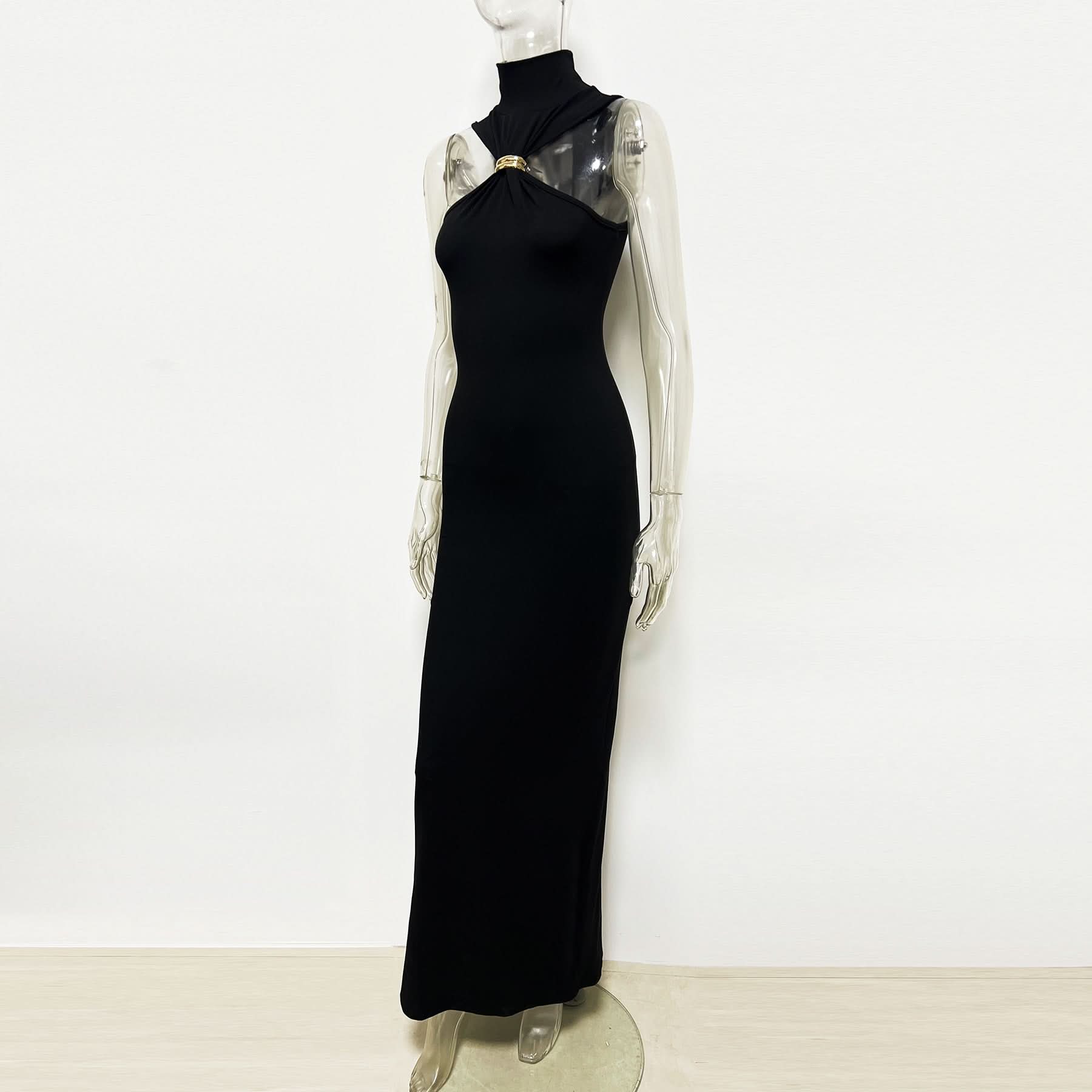 Sleek Black High-Neck Maxi Dress with Architectural Gold Accent | Holiday & Evening Elegance