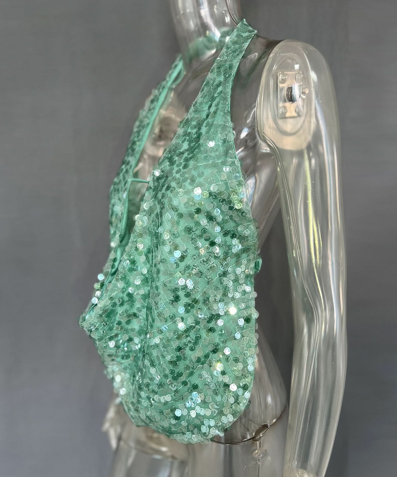 Sparkling Mint Green Sequin Halter Plunge Top - Dazzle This Holiday Season