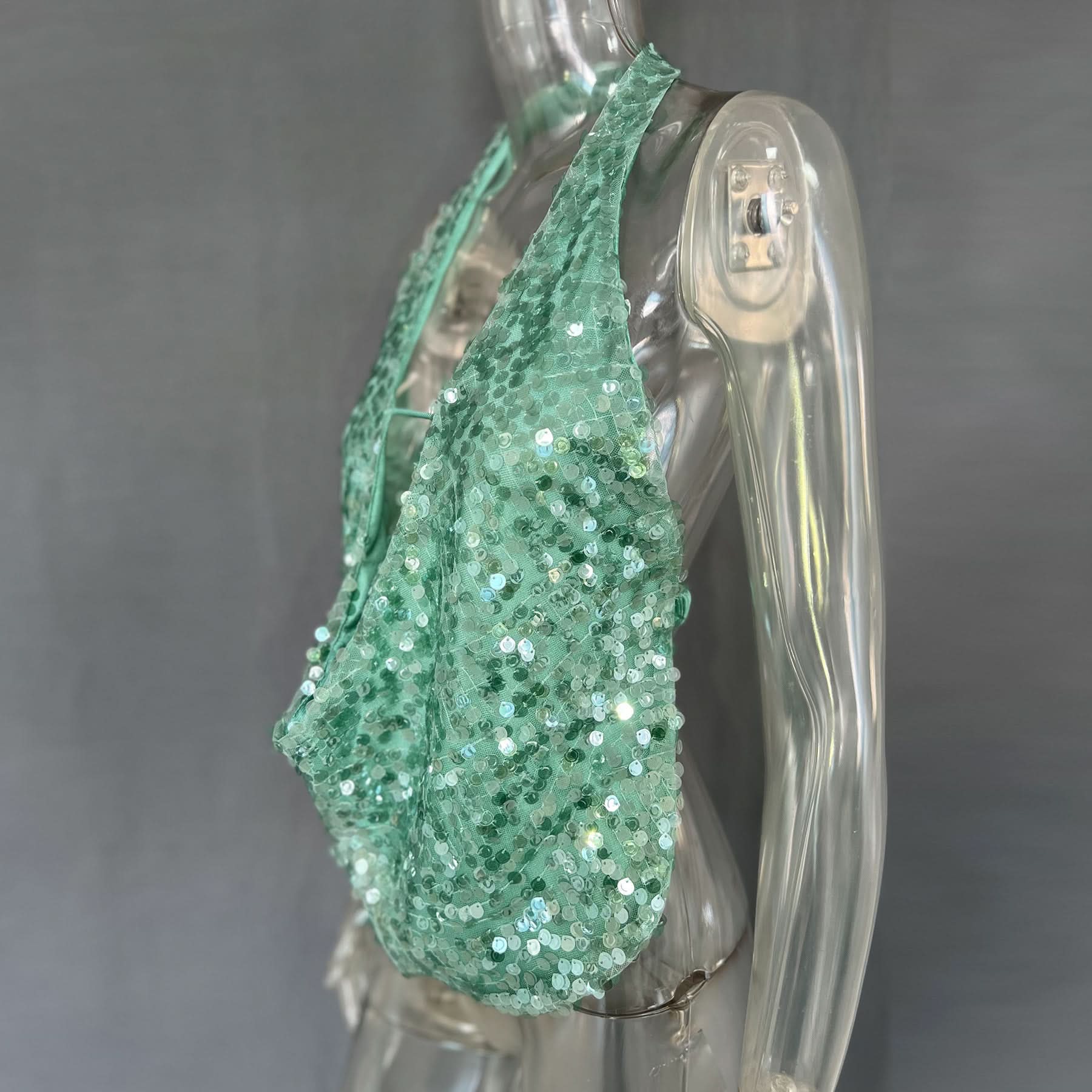 Sparkling Mint Green Sequin Halter Plunge Top - Dazzle This Holiday Season