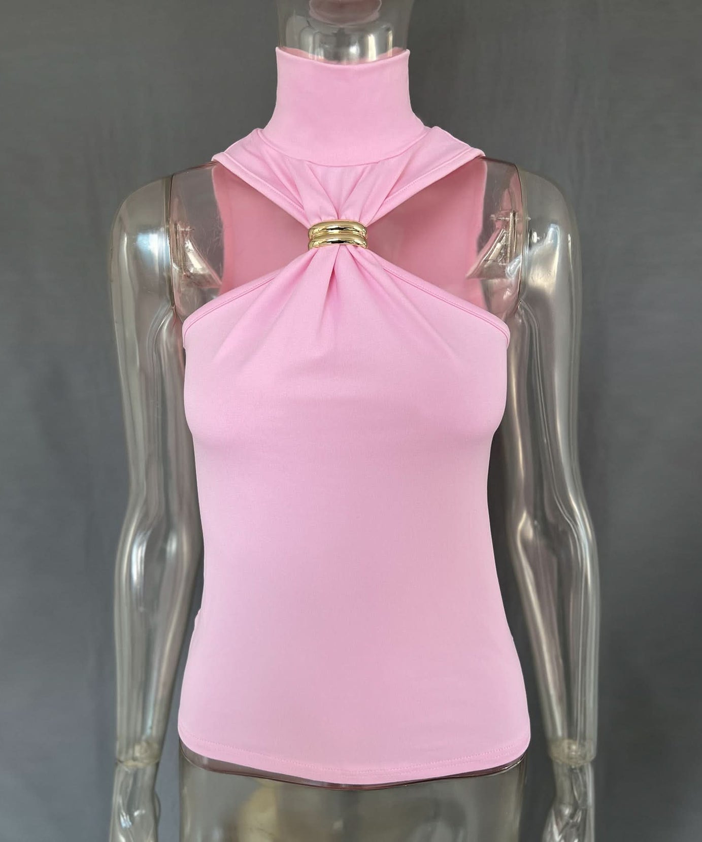 Glam Pink Mock Neck Halter Top with Gold Ring – Chic Fall & Holiday Statement