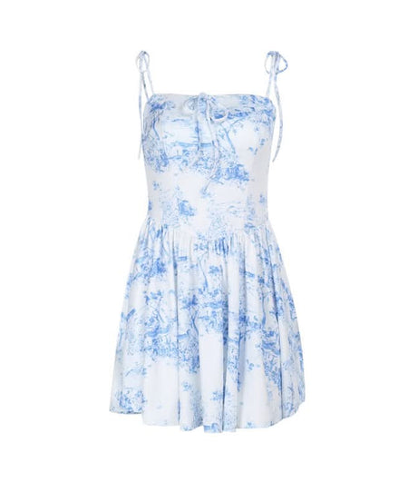 Charming Blue Toile Print Mini Dress - Adjustable Cami Straps for Fall & Vacation Chic