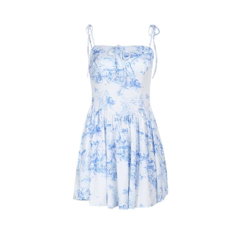 Charming Blue Toile Print Mini Dress - Adjustable Cami Straps for Fall & Vacation Chic