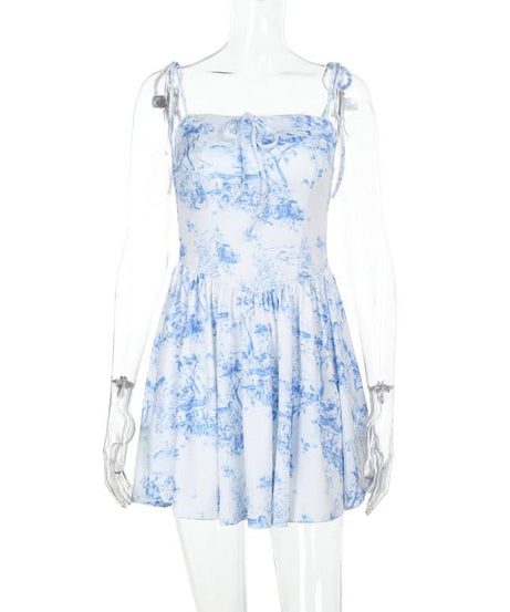 Charming Blue Toile Print Mini Dress - Adjustable Cami Straps for Fall & Vacation Chic
