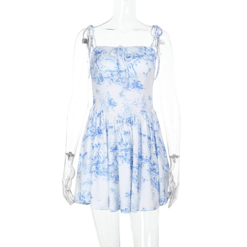 Charming Blue Toile Print Mini Dress - Adjustable Cami Straps for Fall & Vacation Chic