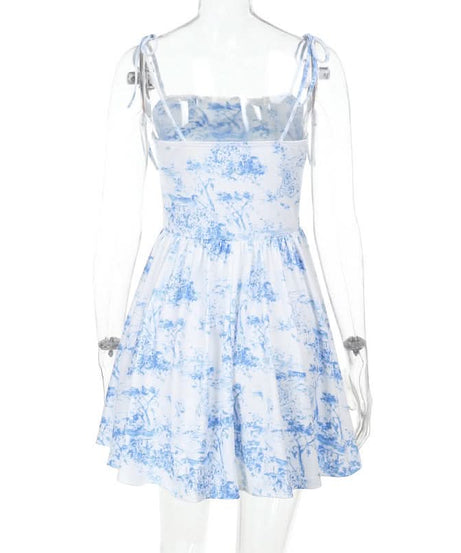 Charming Blue Toile Print Mini Dress - Adjustable Cami Straps for Fall & Vacation Chic