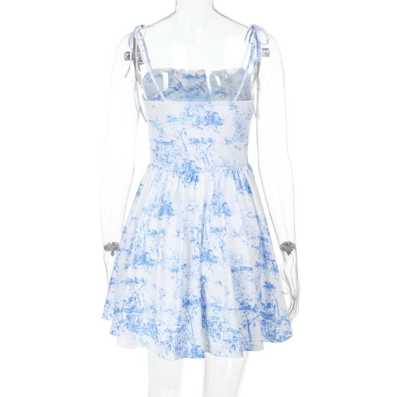 Charming Blue Toile Print Mini Dress - Adjustable Cami Straps for Fall & Vacation Chic