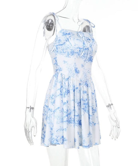 Charming Blue Toile Print Mini Dress - Adjustable Cami Straps for Fall & Vacation Chic