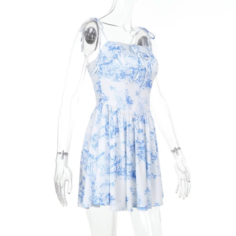 Charming Blue Toile Print Mini Dress - Adjustable Cami Straps for Fall & Vacation Chic