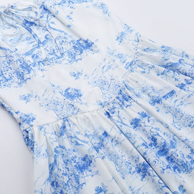 Charming Blue Toile Print Mini Dress - Adjustable Cami Straps for Fall & Vacation Chic