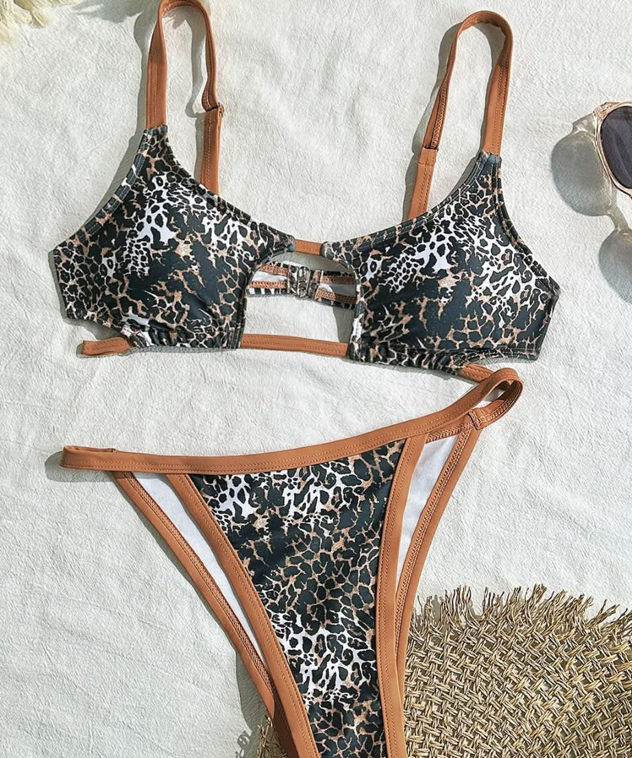 Wildly Chic: Leopard Print Cutout High-Leg Bikini Set – Perfect for Your Resort & Vacation Escape