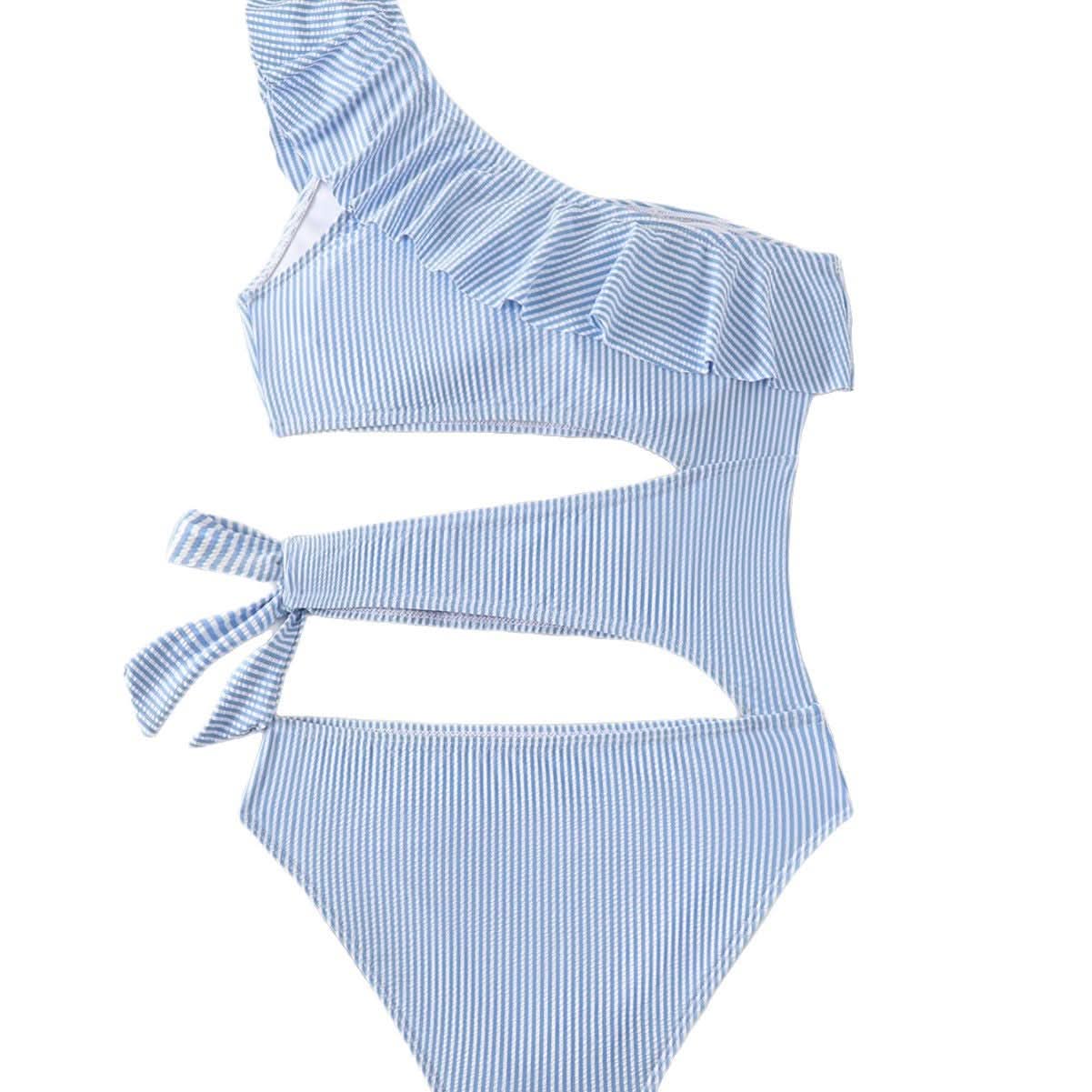 Women's Chic Striped One-Shoulder Cut-Out Swimsuit - Flattering Ruffles for Your Winter Escape