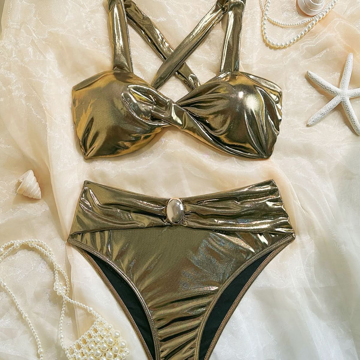 Luxe Gold Metallic High-Waisted Bikini | Cross-Back Glamour for Your Winter Escape