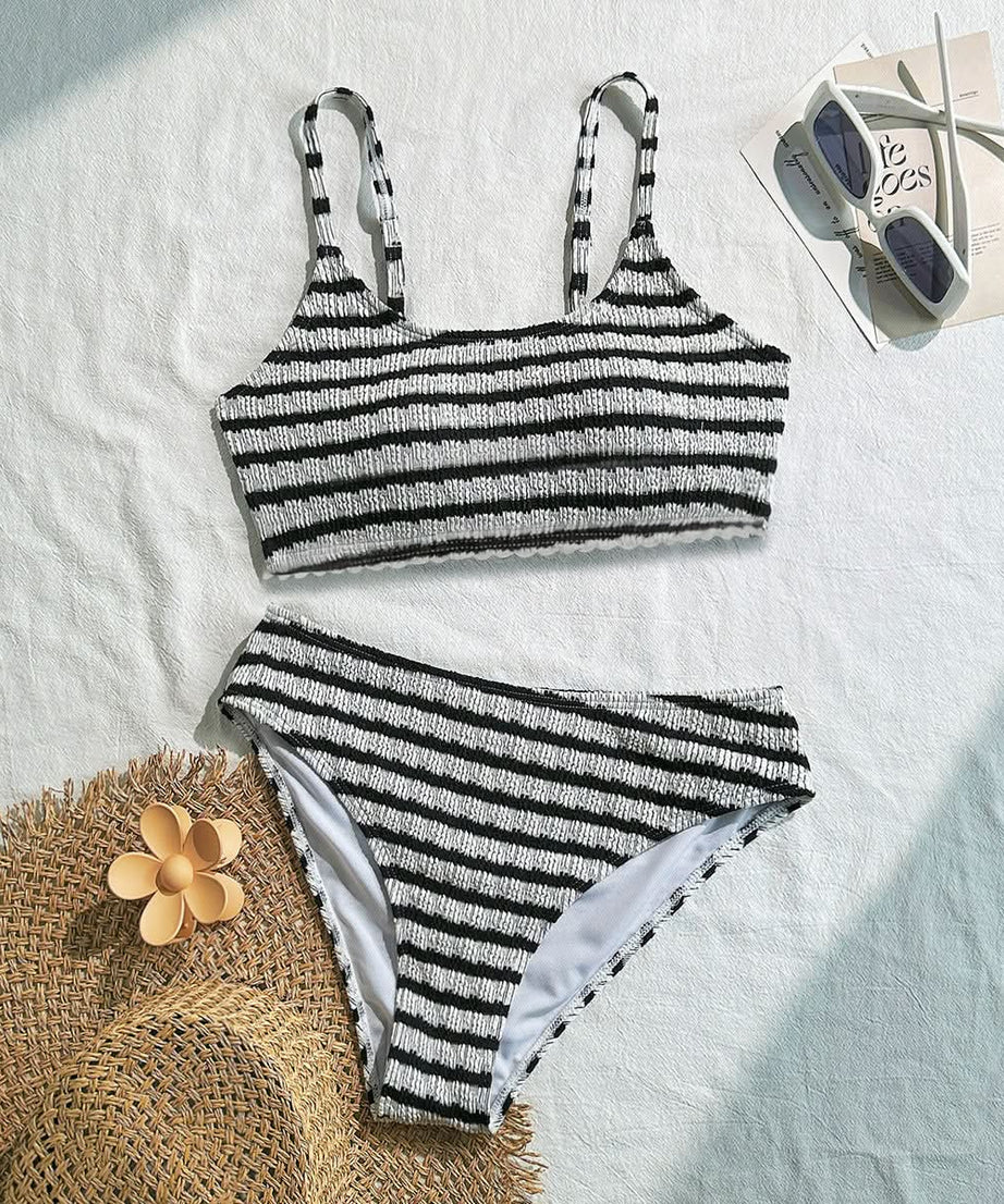 Chic Shirred Stripe Bikini Set - Vacation & Cruise Ready Two-Piece Swimsuit