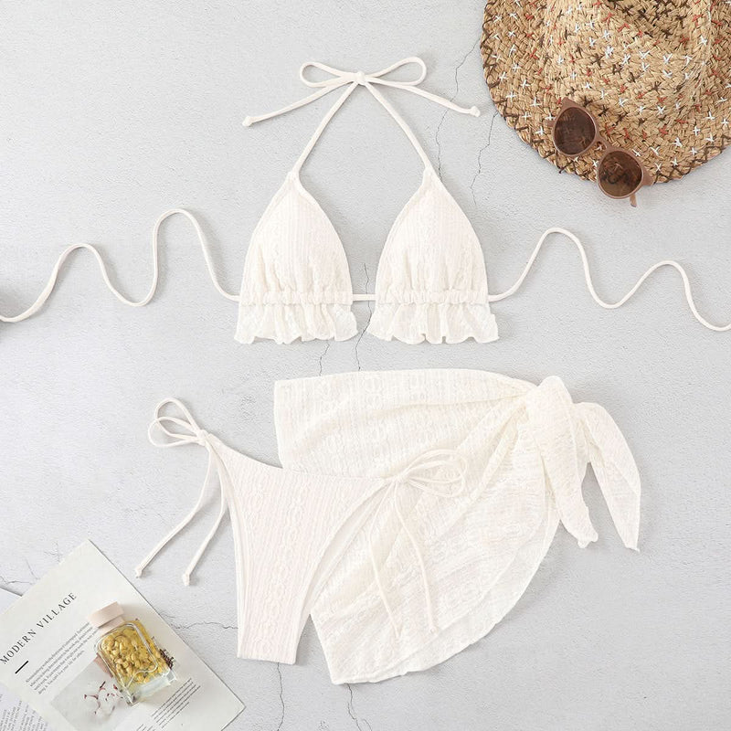 Chic Crochet-Look 3-Piece Swimsuit Set - Halter Bikini & Sarong for Your Winter Escape