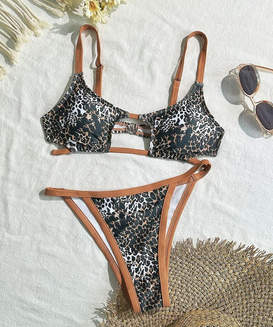 Wildly Chic: Leopard Print Cutout High-Leg Bikini Set – Perfect for Your Resort & Vacation Escape