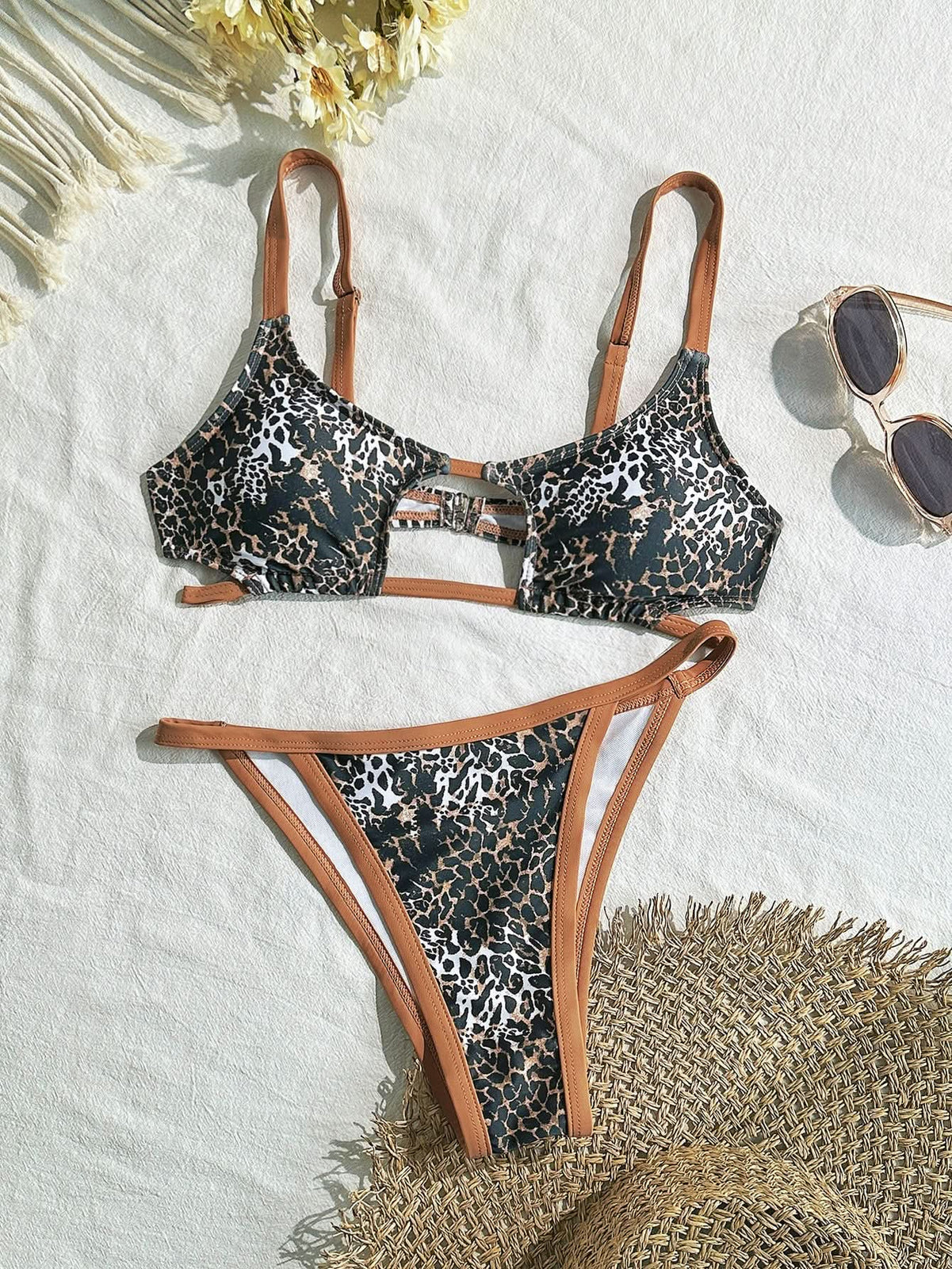 Wildly Chic: Leopard Print Cutout High-Leg Bikini Set – Perfect for Your Resort & Vacation Escape