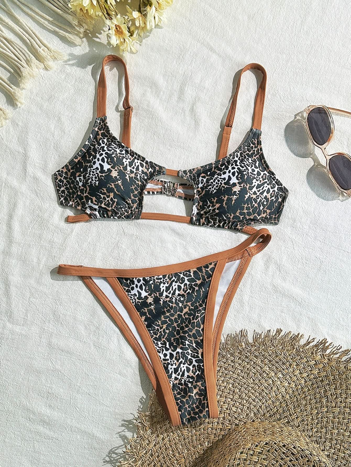 Wildly Chic: Leopard Print Cutout High-Leg Bikini Set – Perfect for Your Resort & Vacation Escape