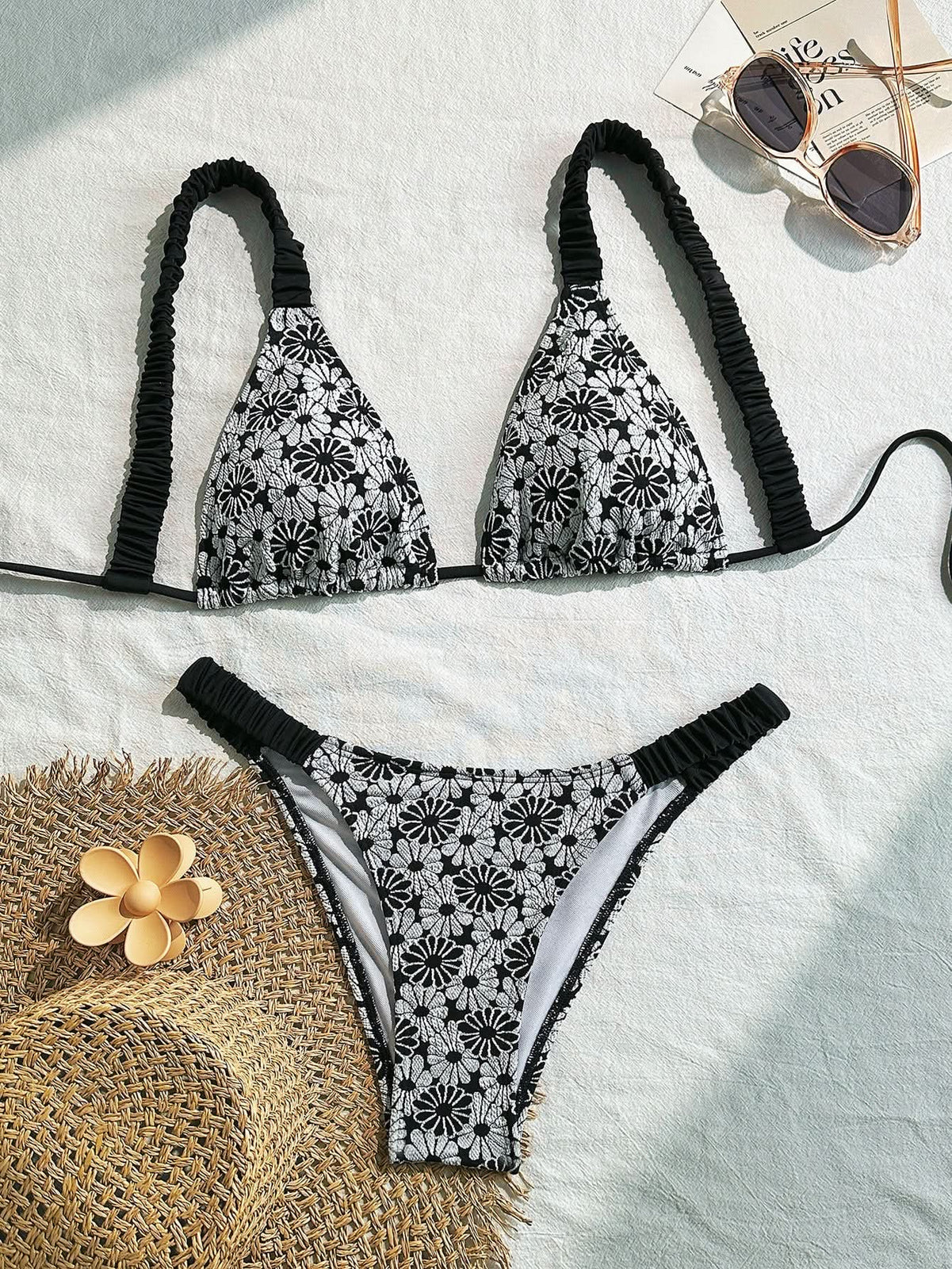 Monochrome Daisy Print Bikini Set - Chic Self-Tie Triangle Top & High-Cut Bottom for Your Fall Getaway