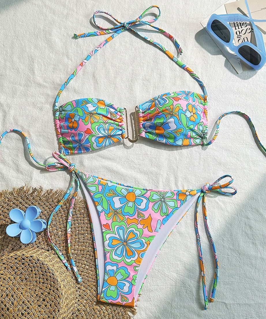 Chic & Cheerful: Retro Floral Halter Tie-Side Bikini - Your Perfect Winter Getaway Swimsuit