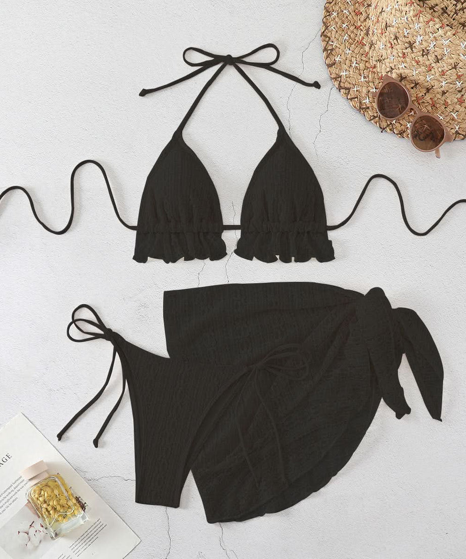 Chic Crochet-Look 3-Piece Swimsuit Set - Halter Bikini & Sarong for Your Winter Escape