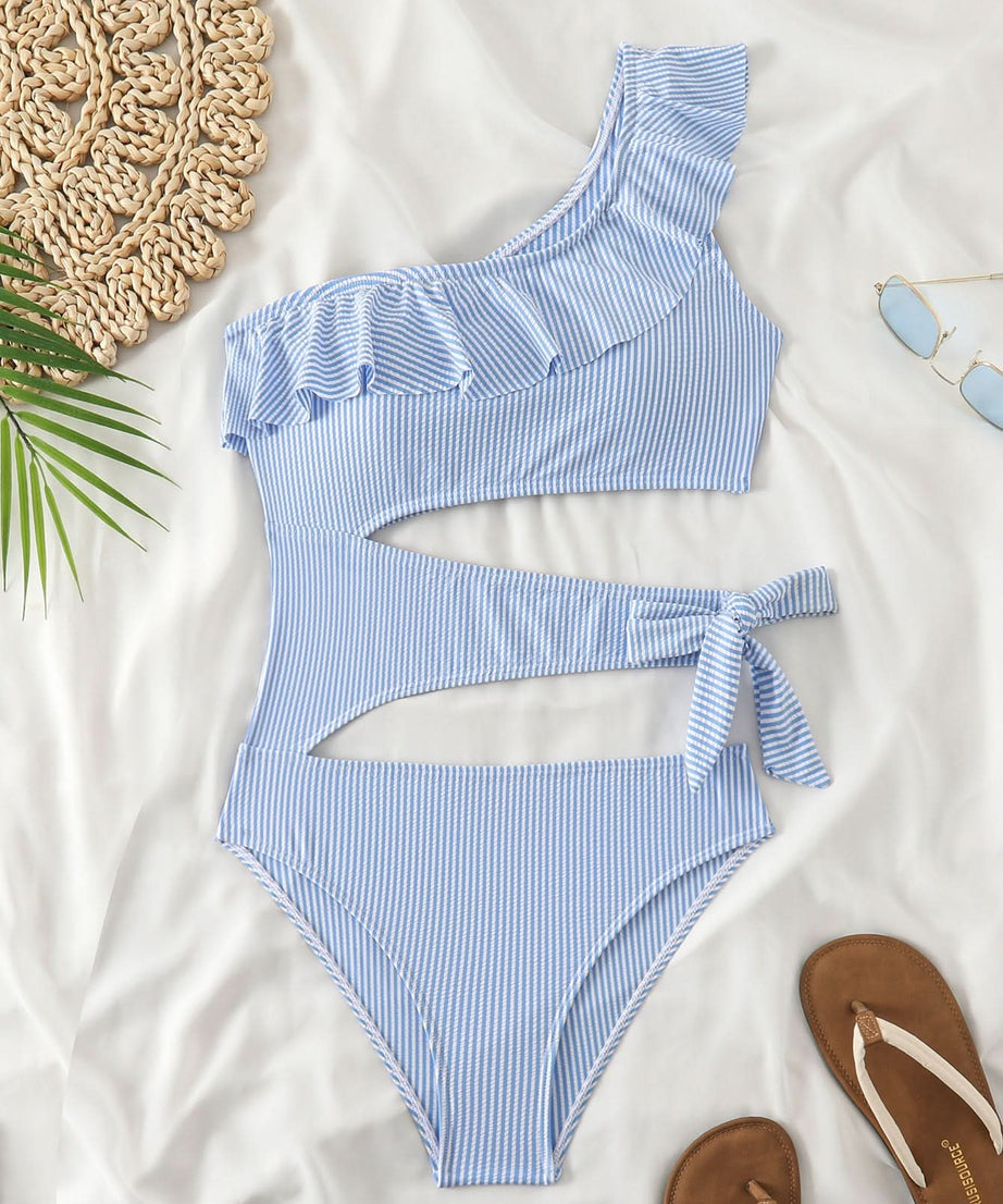 Women's Chic Striped One-Shoulder Cut-Out Swimsuit - Flattering Ruffles for Your Winter Escape