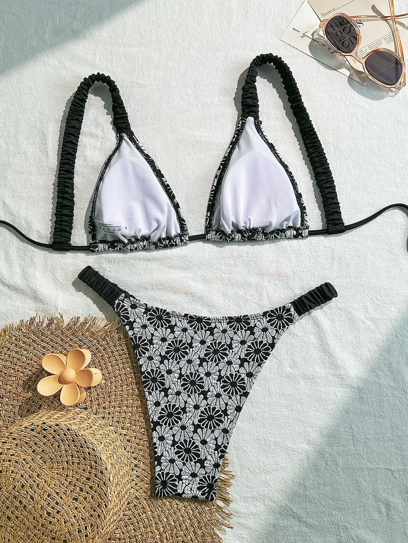 Monochrome Daisy Print Bikini Set - Chic Self-Tie Triangle Top & High-Cut Bottom for Your Fall Getaway
