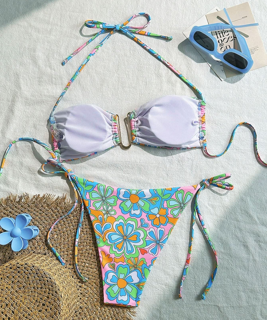 Chic & Cheerful: Retro Floral Halter Tie-Side Bikini - Your Perfect Winter Getaway Swimsuit
