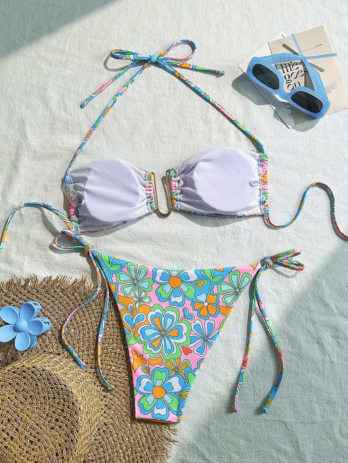 Chic & Cheerful: Retro Floral Halter Tie-Side Bikini - Your Perfect Winter Getaway Swimsuit