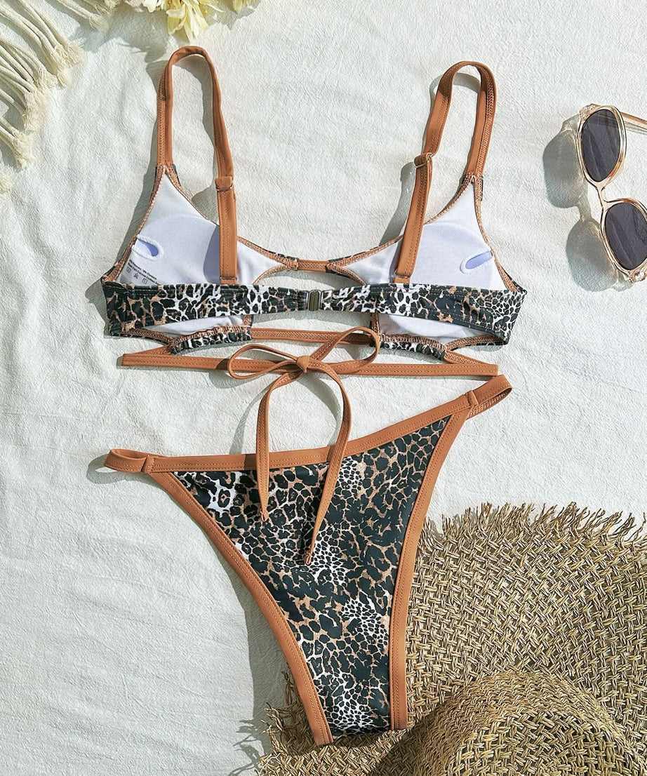 Wildly Chic: Leopard Print Cutout High-Leg Bikini Set – Perfect for Your Resort & Vacation Escape