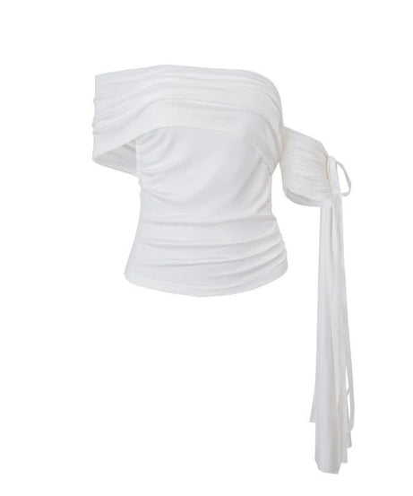 Chic One-Shoulder Ruched Top with Statement Tie - Your Go-To for Fall & Holiday Parties