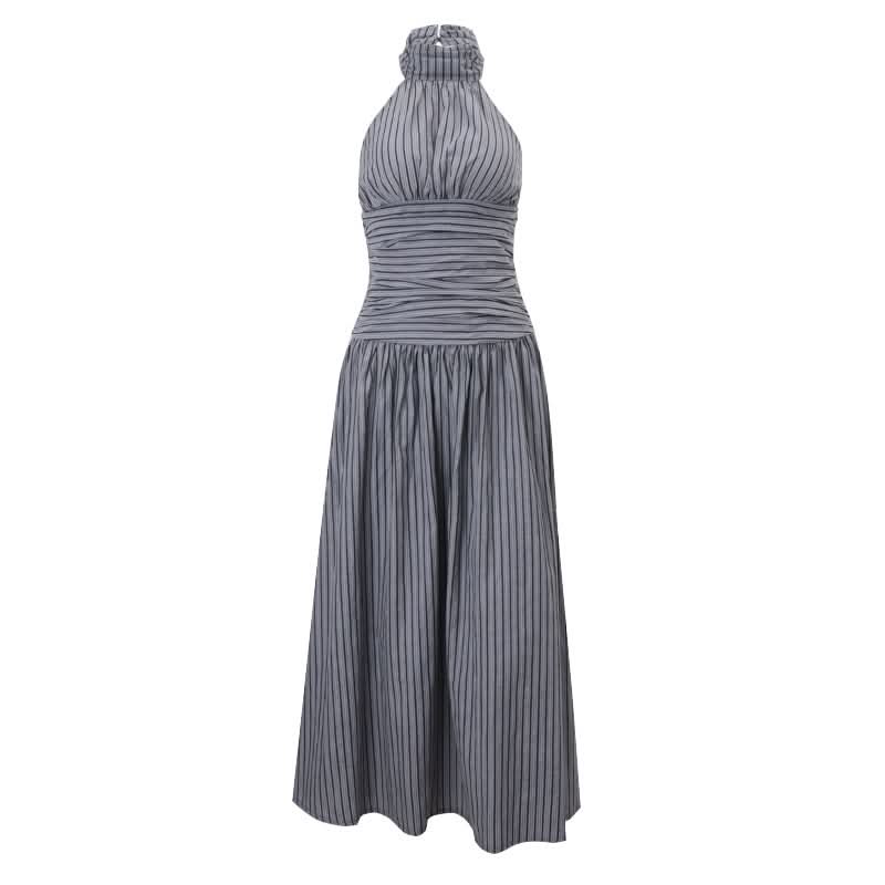 Sophisticated Striped Halter Maxi Dress for Effortless Fall Elegance & Resort Chic