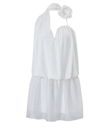 Effortless Chic: White Halter Mini Dress with Floral Charm | Your Resort & Tropical Getaway Essential