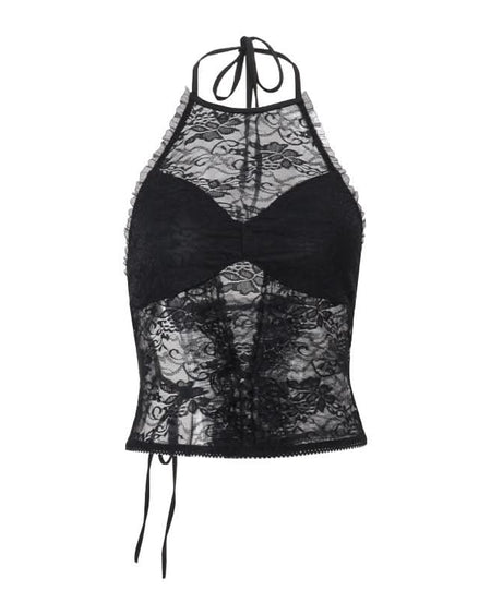 Sultry Black Lace Halter Top | Elegant Ruffle Trim & Tie-Back | Perfect for Fall Nights & Holiday Glam