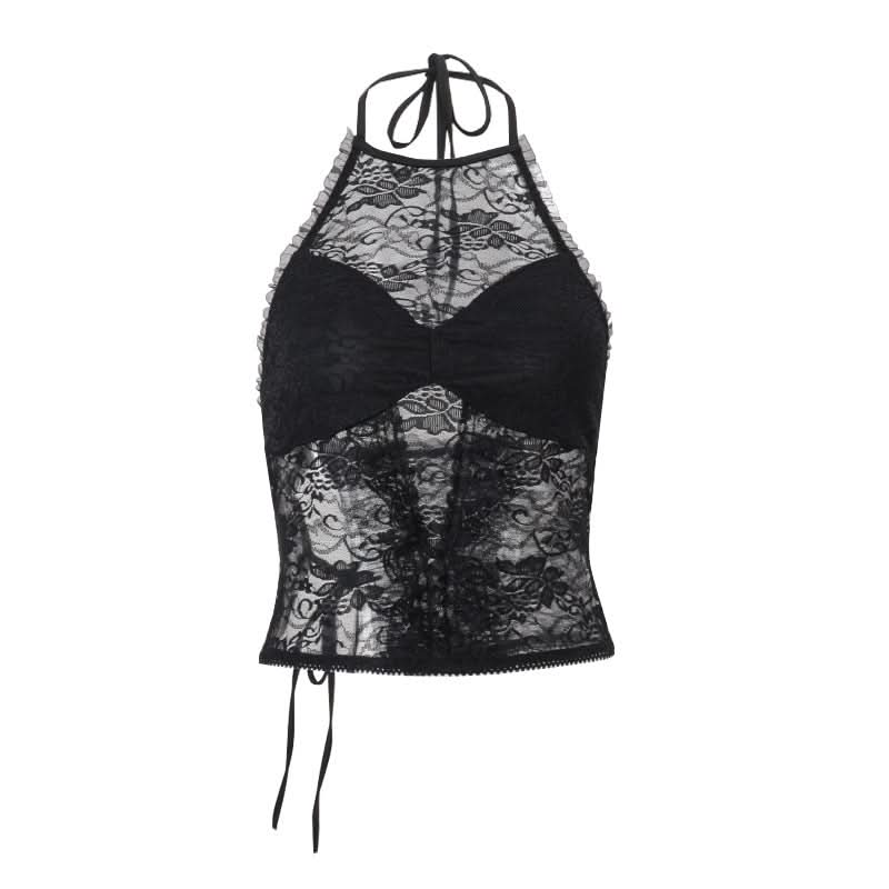 Sultry Black Lace Halter Top | Elegant Ruffle Trim & Tie-Back | Perfect for Fall Nights & Holiday Glam