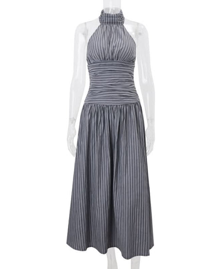 Sophisticated Striped Halter Maxi Dress for Effortless Fall Elegance & Resort Chic