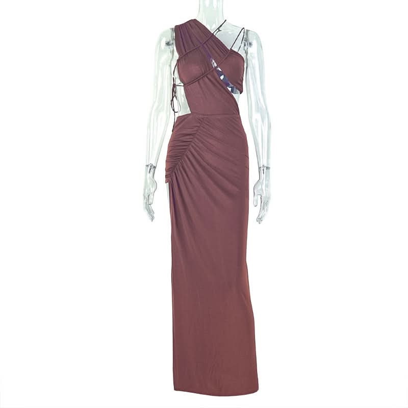 Fall Glamour: One-Shoulder Ruched Cut-Out Maxi Dress – Dazzling Bodycon for Autumn Evenings