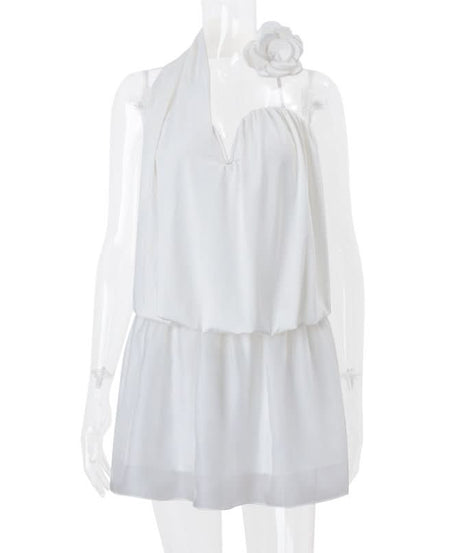 Effortless Chic: White Halter Mini Dress with Floral Charm | Your Resort & Tropical Getaway Essential