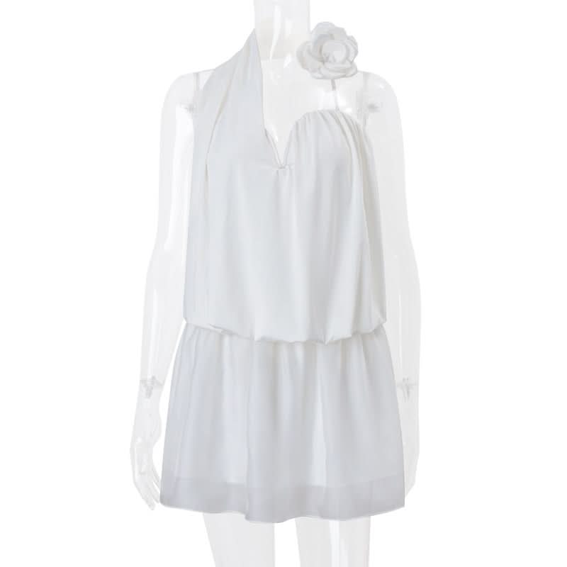 Effortless Chic: White Halter Mini Dress with Floral Charm | Your Resort & Tropical Getaway Essential
